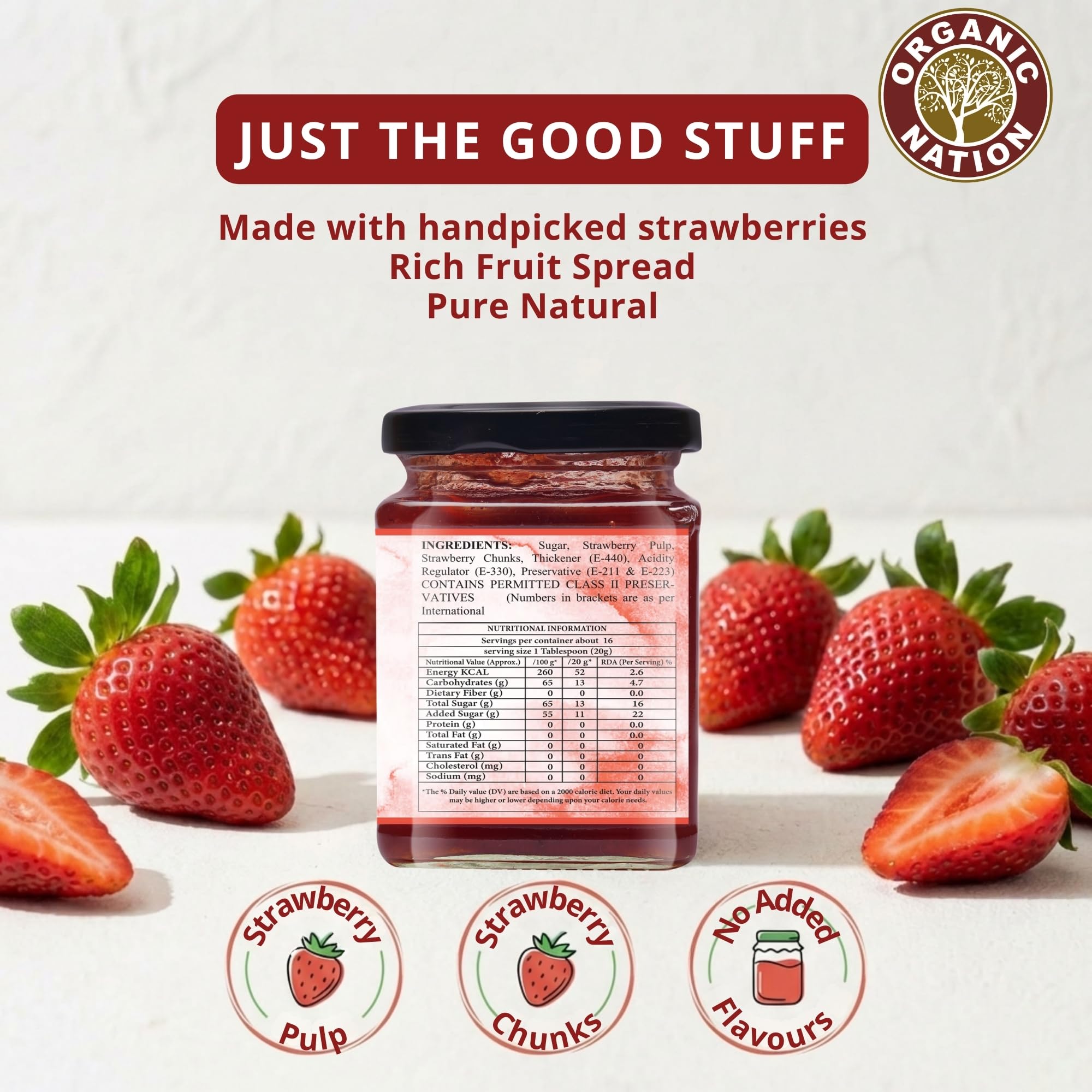 ORGANIC NATION Deliciously Pure Strawberry Conserve & Spread, Perfect Strawberry Jam for Kids, Organic & Sugar Free, 340g, Natural Strawberry Jam for a Healthier Choice, No Added Flavours, Vibrant Red 1