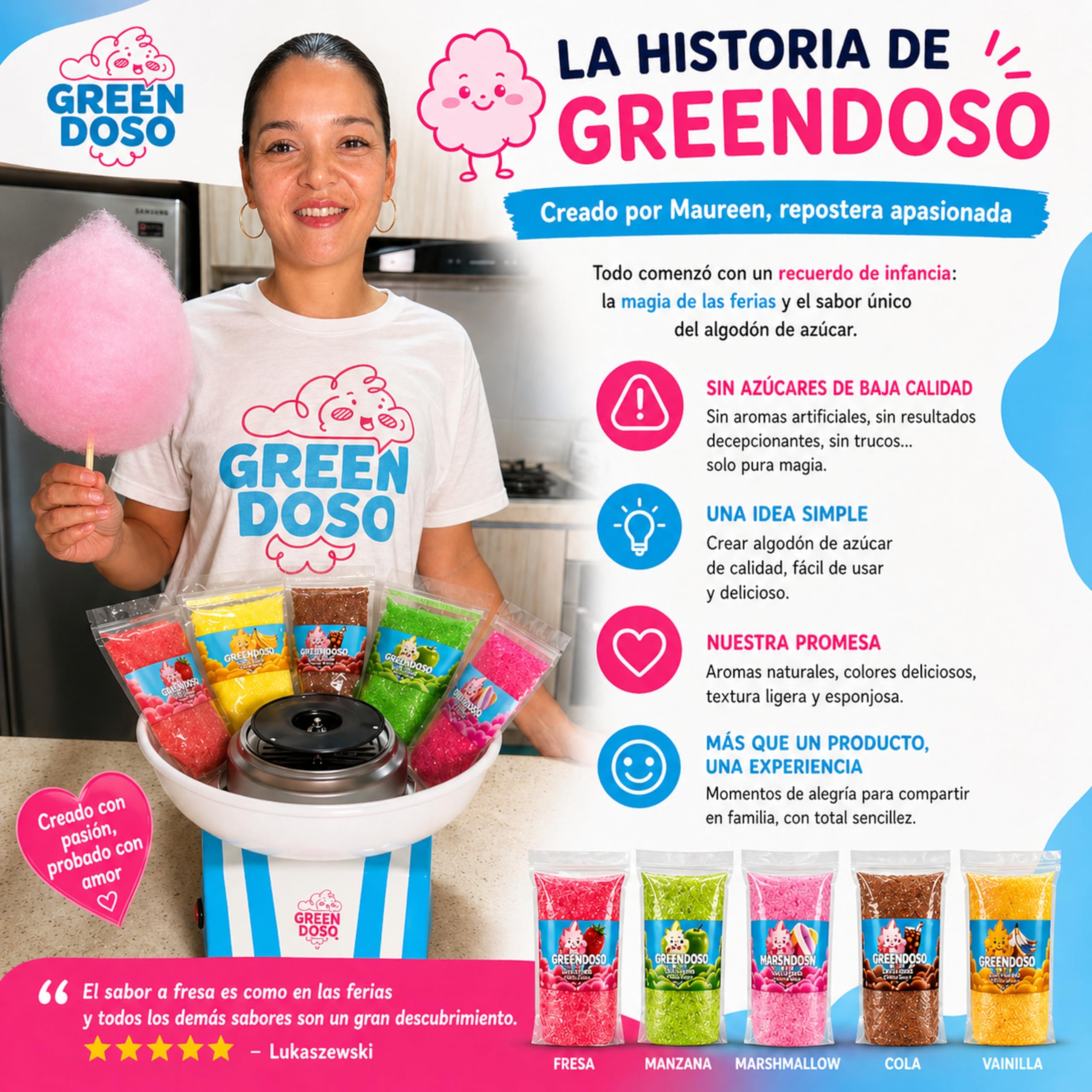 Greendoso Azúcar para Algodón de Azúcar (5x160 g) Fresa Cola Manzana Malvavisco Vainilla Aromas Naturales 20 Palitos 8 Caritas Comestibles
