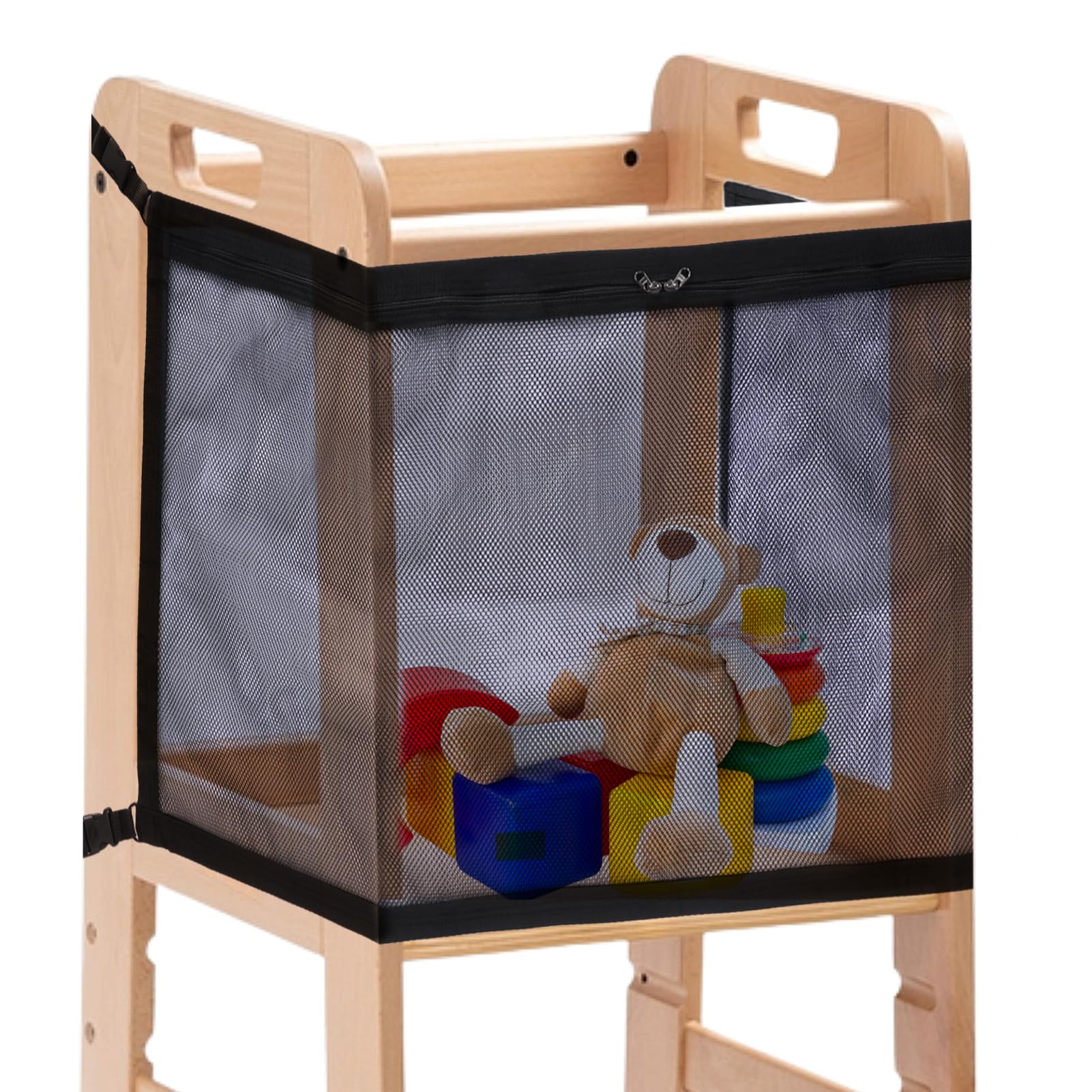 Kleinkinderturm Sicherheitsnetz 78x53cm, Oxford-Stoff mit Reißverschluss, Zweilagig & Verstellbar, Stauraum für persönliche Gegenstände, 4-Seitiger Schutz für Küchenhelfer & Lernturm