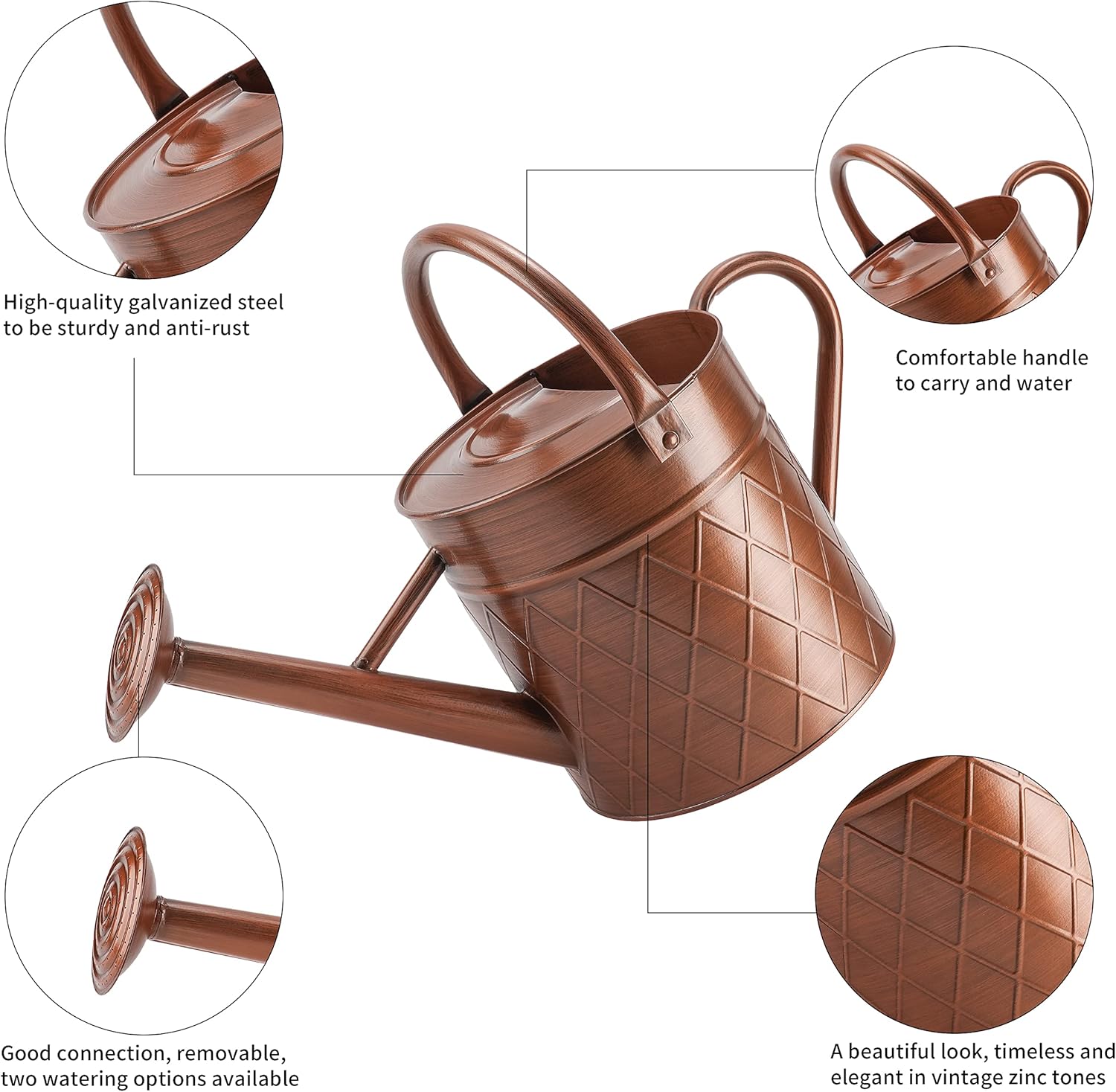 1.75 Gallon Outdoor Metal Watering Can for Garden Plants,Copper Color Watering Can with Removable Spray Spout, Ideal for Outdoor Use (Copper) - Image 2