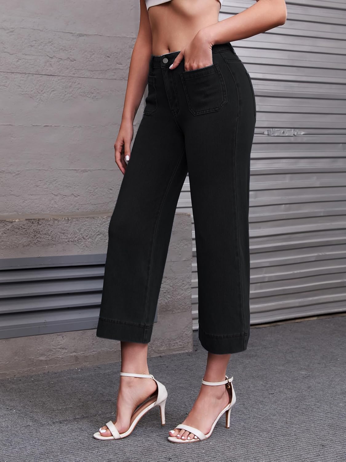 Capri Jeans for Women Strechy Wide Leg Jeans Trendy High Waisted Loose Straight Leg Cropped Denim Pants with Pockets