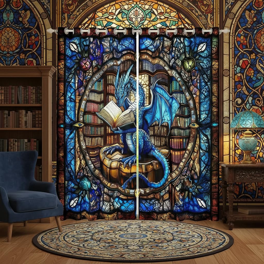 Westlicher Drache Fenstervorhänge, L Größe Blauer Drache Lesebucherregal Gute Schattierung Heimdekor Geometrische Patchwork Retro Fenstervorhänge 2 Panels,Guter Schattierungseffekt