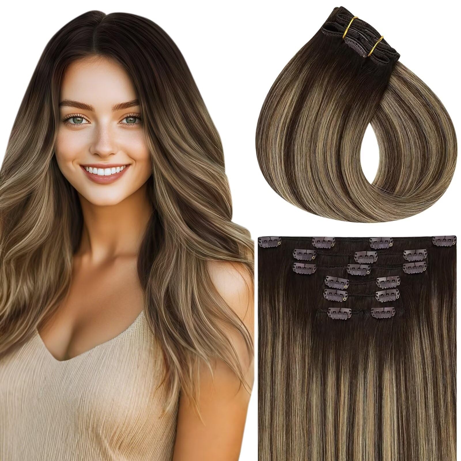 Vivien Brown Clip in Hair Extensions Darkest Brown to Light Brown Balayage Hair Extensions for Women Clip in Hair Extensions Human Hair 22 Inch 120g 7pcs #2/8/2 — view 21
