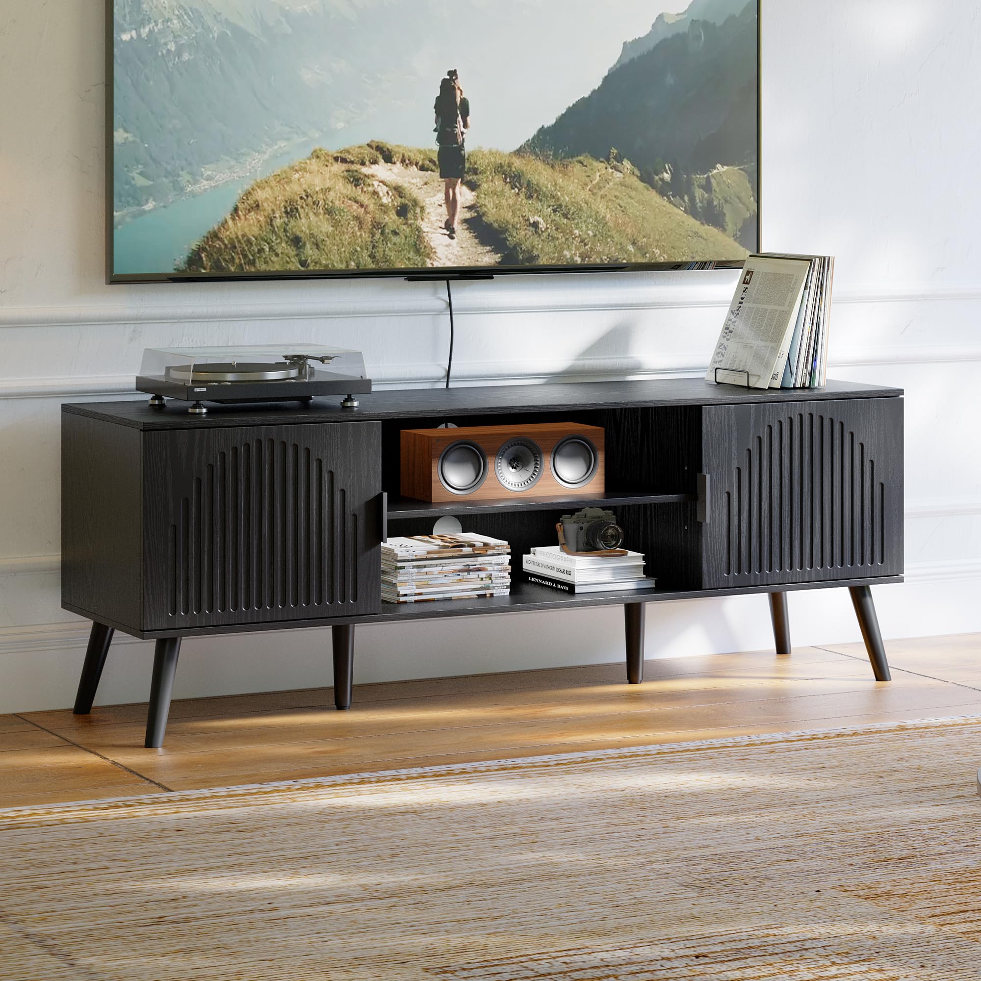 choochoo tv stand for living room, mid century modern tv stand for 55/60 inch tvs, entertainment center with storage cabinet and open shelves, tv console table media cabinet for bedroom, black