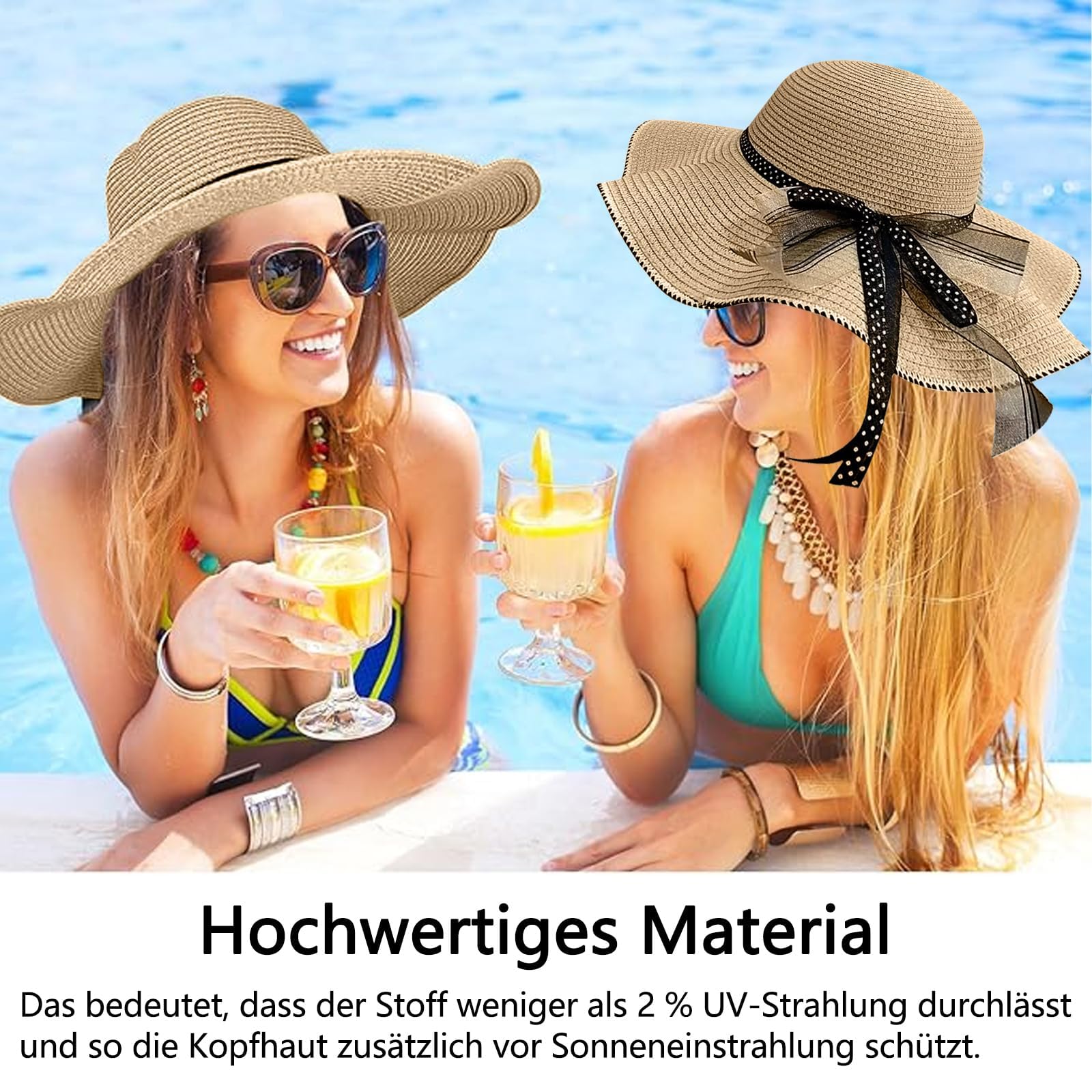Słomkowy kapelusz damski, ochrona przed promieniowaniem UV, składany kapelusz przeciwsłoneczny, kapelusz plażowy, szerokie rondo, obwód głowy regulowany 55-60 cm, letni kapelusz na podróż