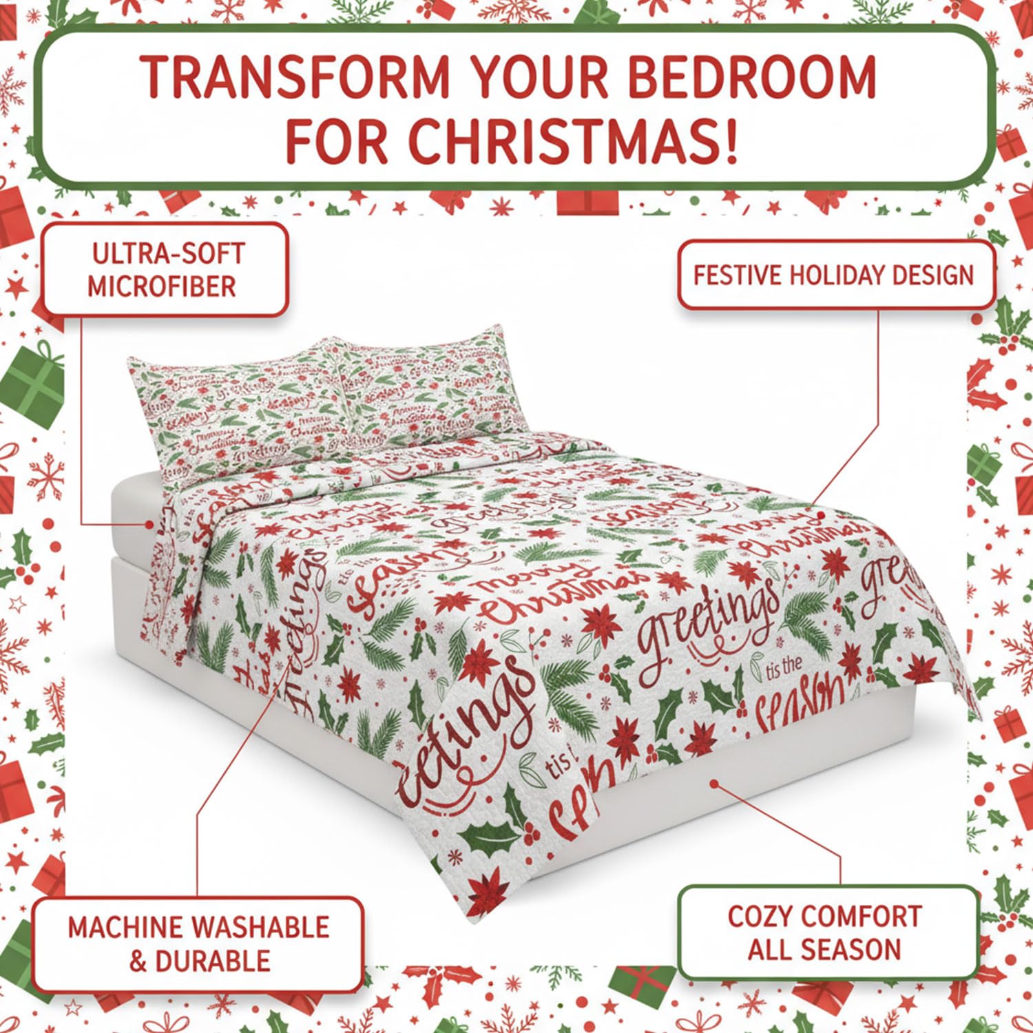 Leaves Berry Weihnachts-Steppdecken-Set für King-Size-Bett, 3-teilig, leichte Bettdecke mit Kissenbezügen für alle Jahreszeiten (Blätter, Kingsize-Bett (228,6 x 264,2 cm)