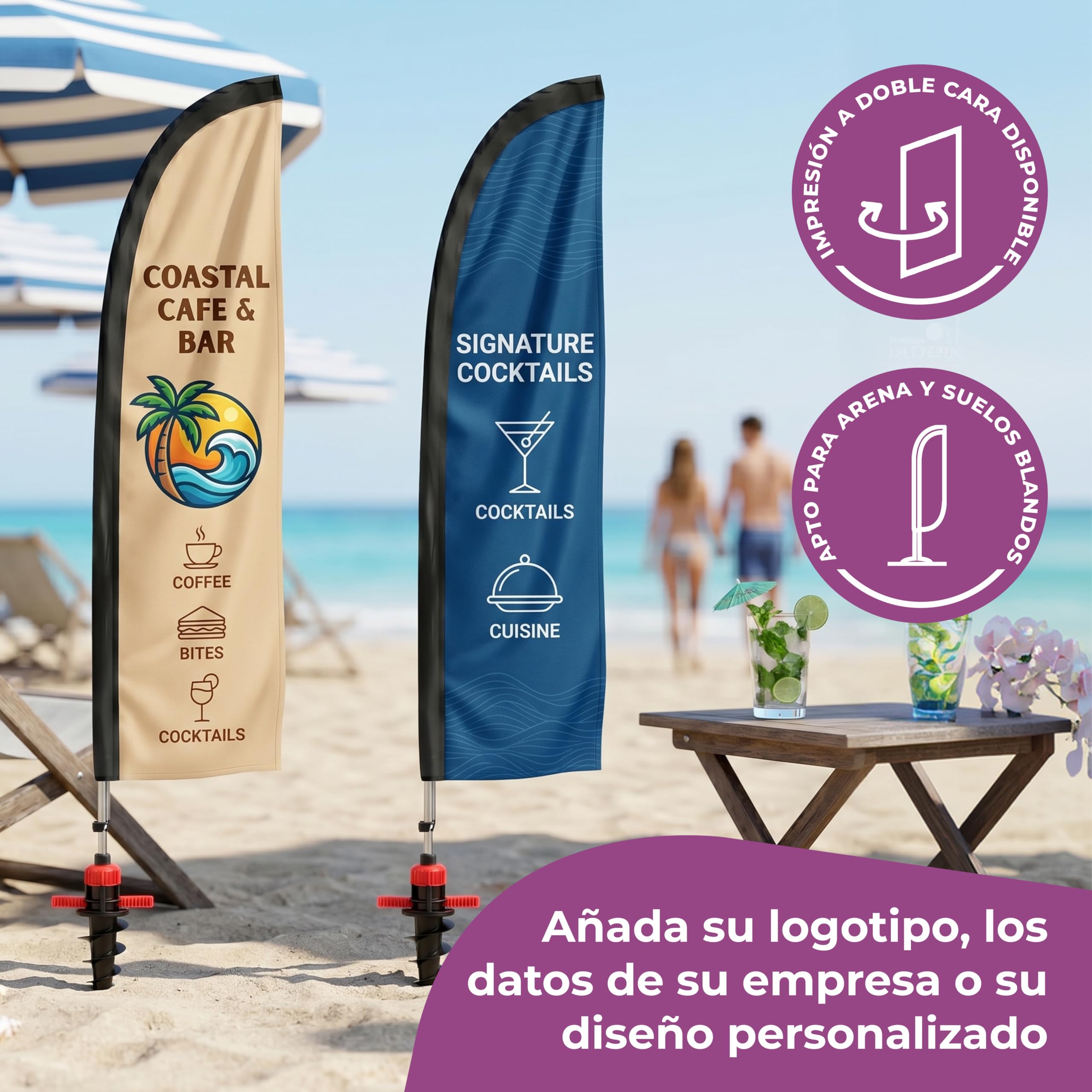 Cimpress Bandera vela personalizada 3,2 m, añade tu logo o texto, bandera publicitaria de doble cara beach flag con mástil para publicidad exterior, eventos, hostelería e inmobiliaria