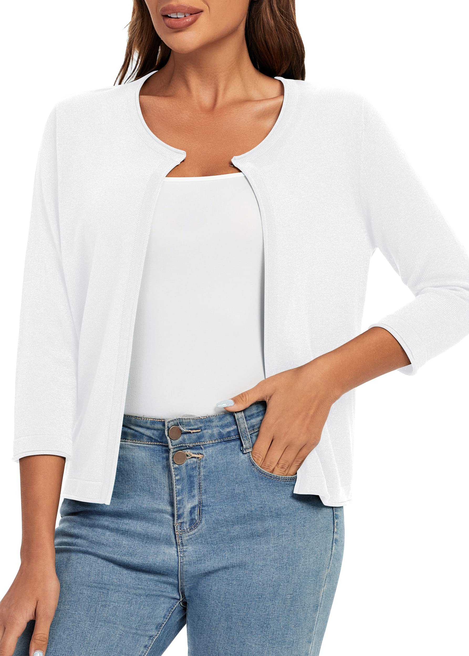 Urban CoCoWomen's 3/4 Sleeve Open Front Shrugs Lightweight Crew Neck Cardigan Sweater