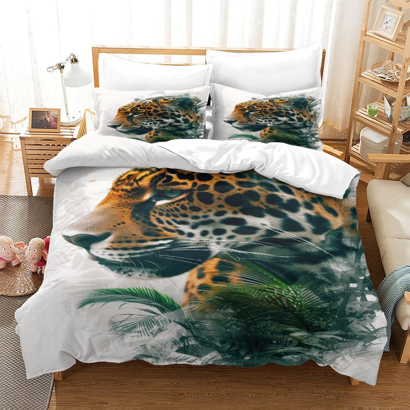 P1s9u7w5y Jaguar-6 Tropical Jungle 3D Printed Leopard Design Duvet Cover Set 3Pcs Microfiber Wild Animal Bedding Set King（220X240cm）