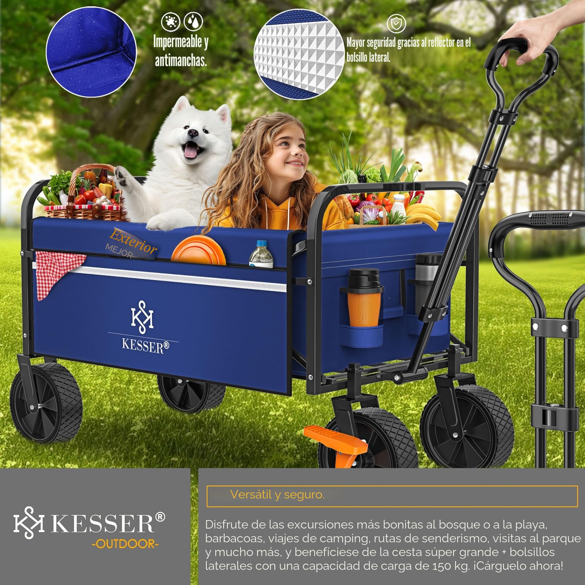 KESSER® Carro Plegable de Mano, de Equipamiento, Incluye 2 Bolsillos de Malla, neumáticos de Goma Maciza, Capacidad de Carga de hasta 80 kg