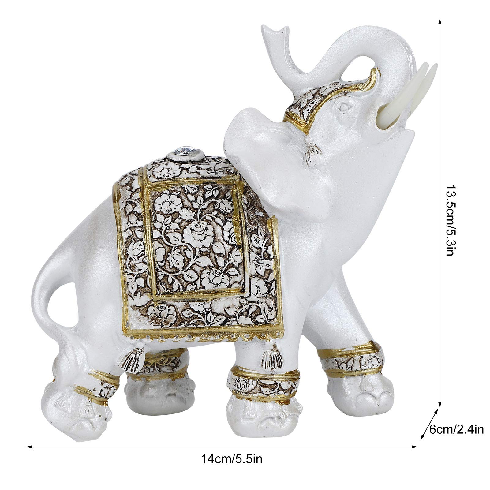 Buachois Lucky Elephant Figurine Resin Feng Shui Golden Sculpture Wealth Lucky Elephant Figurine with Trunk Facing Upwards for Home Office Decoration Gold Flower Porcelain L - Image 2