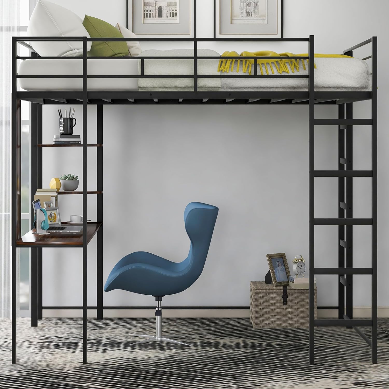 Bellemave Full Size Metal Loft Bed with Desk and Storage Shelves,Heavy Duty Loft Bed Frame with Safety Guardrail for Kids Teens Adults,Space Saving,Black
