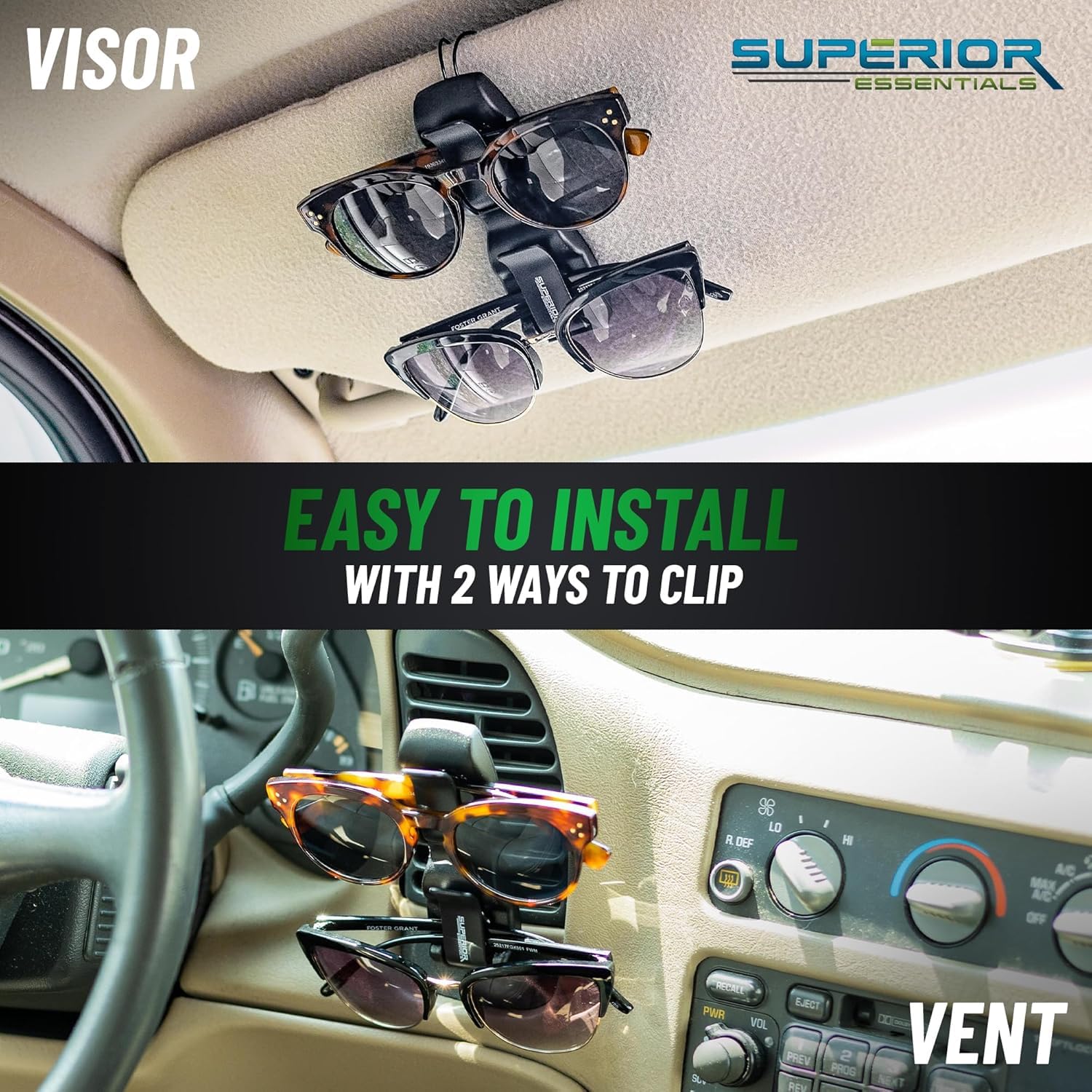 SUPERIOR ESSENTIALS Sonnenbrillenhalter für Auto Visier Mehrere Brille - Auto Visier Sonnenbrille Clip Halter Zubehör - Patentiert