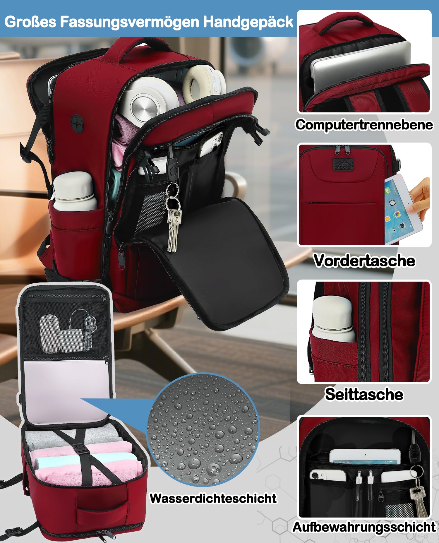 Handgepäck Rucksack 40x20x25 Klein für Ryanair,Travel Rucksack Bag Reiserucksack für Flugzeug Mit 14 Zoll Laptop, Eurowings für Damen Herren Dunkelrot