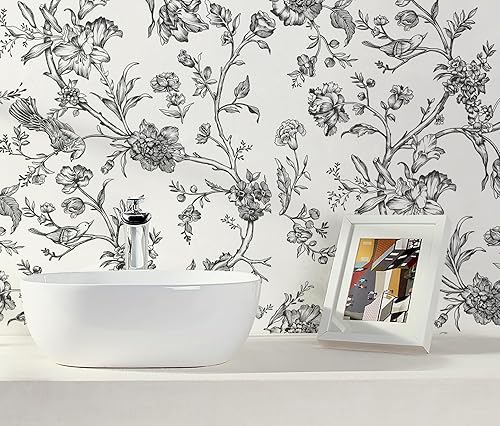 Miniatura 4 de Safiyya Papel tapiz de 393 x 17.3 pulgadas, diseño de pájaros florales, papel de pared en blanco y negro, extraíble, moderno, autoadhesivo, papel de