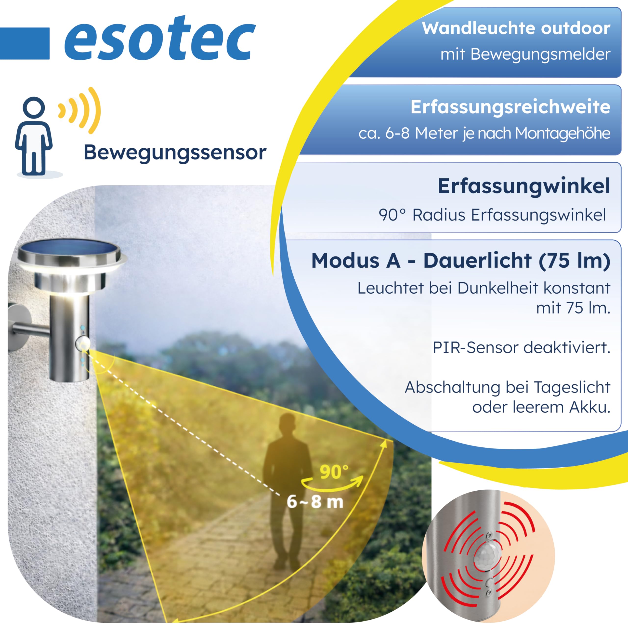 Esotec Solar Wandleuchte mit Bewegungsmelder TINI, 3 Modi, Edelstahl 102595