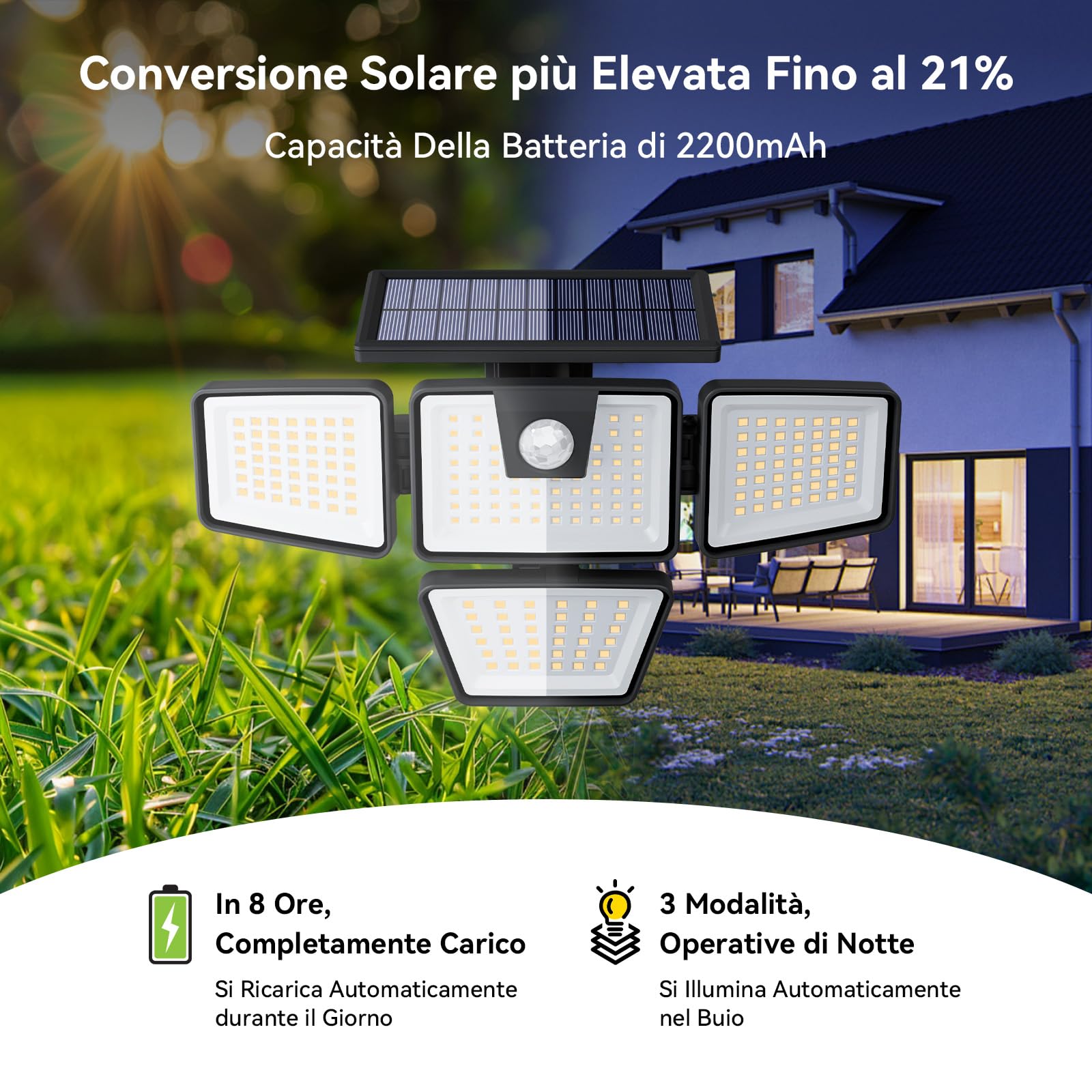 Kasonic - Luci solari per esterni, con sensore di movimento a 392 LED, 4 teste, illuminazione grandangolare, impermeabilità IP65, luci di sicurezza, per veranda, cortile, giardino, vialetto, garage,