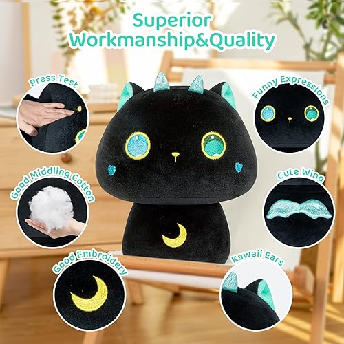 Miniatura 3 de Peluche de hongo, bonita almohada de felpa de gato negro, almohada suave y esponjosa, animales de peluche kawaii, juguetes de peluche, regalo para