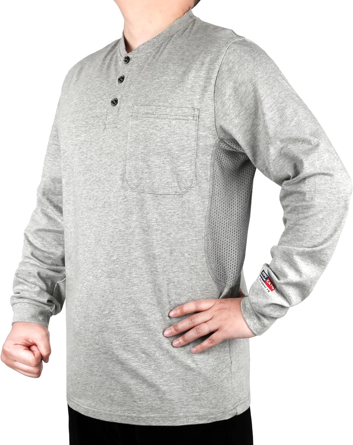 BOCOMAL FR Shirts Summer Vented Mesh Breathable Henley Shirt 5.5oz Flame Resistant CAT2 Work Clothing