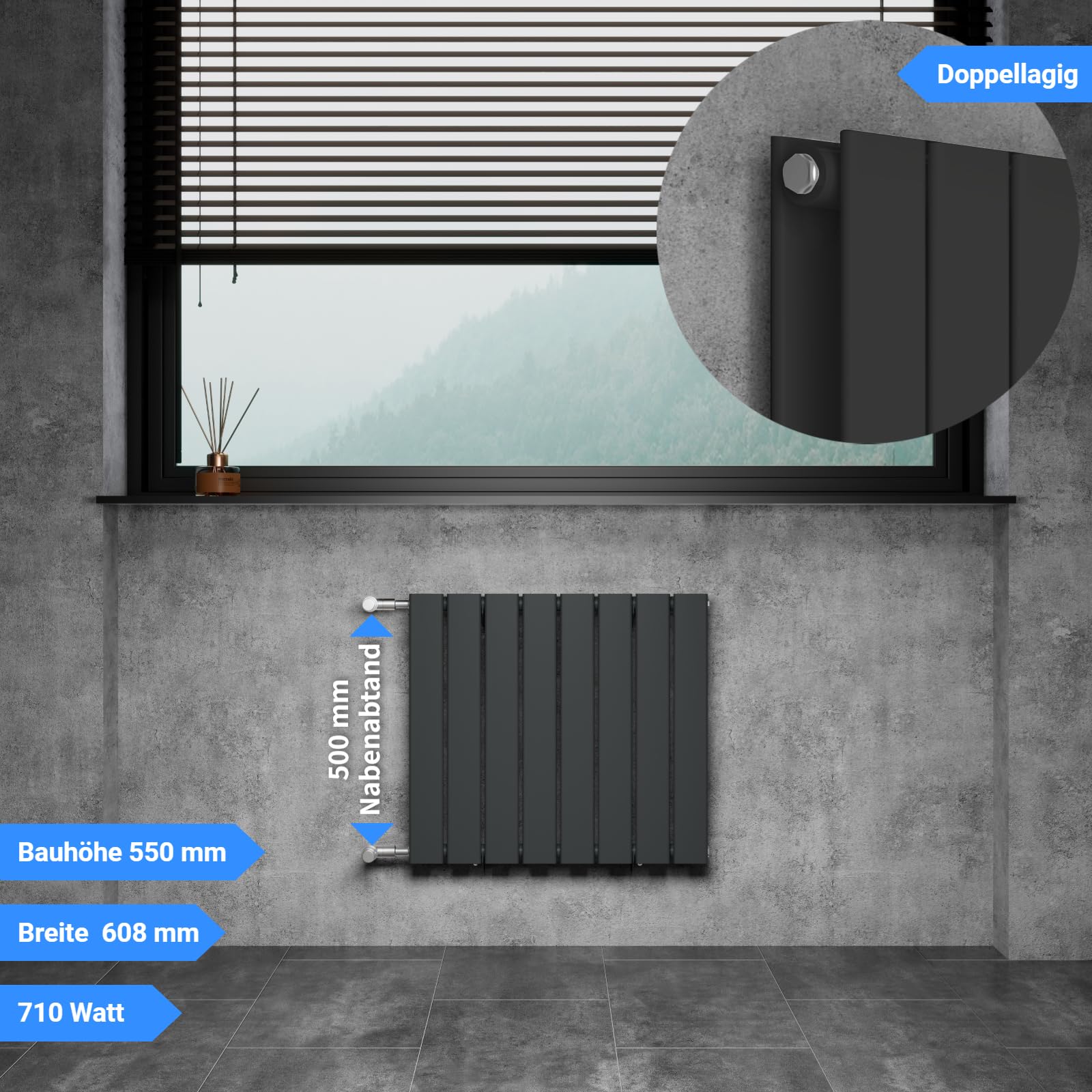 DOLF Design Radiatore a doppio strato, riscaldamento a pannello piatto per soggiorno e bagno, radiatore da bagno orizzontale con attacco laterale, distanza dal mozzo 500 mm, 600 x 550 mm, antracite