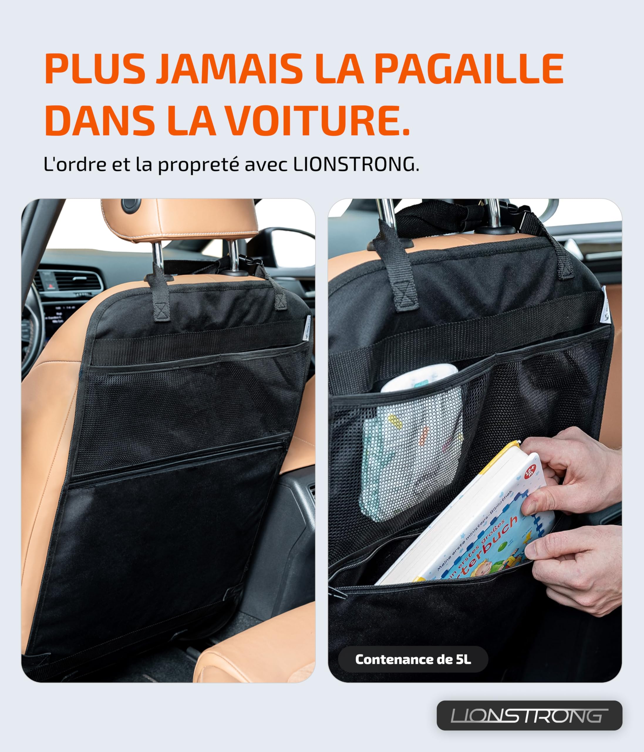 LIONSTRONG Organisateur de voiture - protecteurs de siège de voiture - kick mats - pour siège auto avec grande poche - 2 pièces