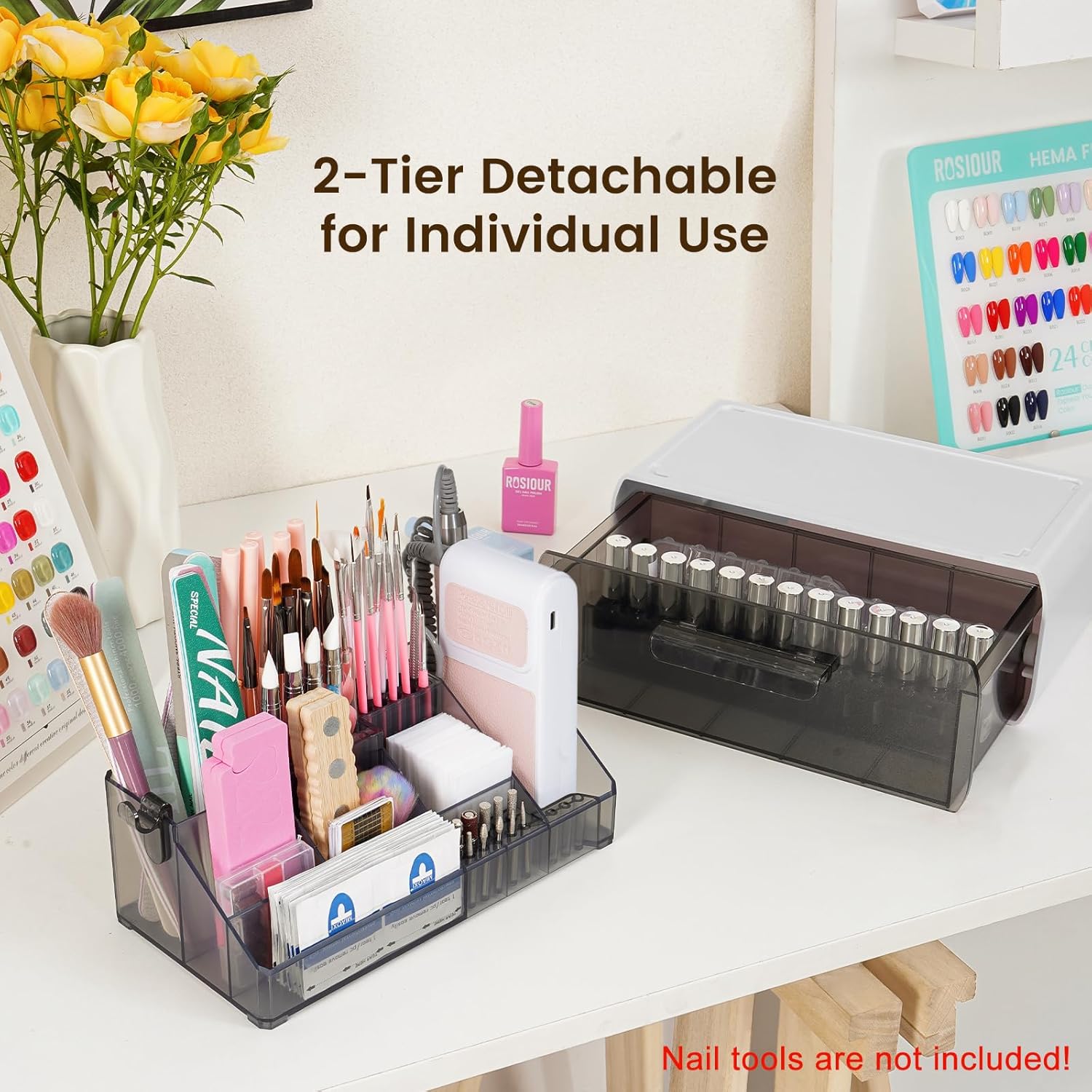 Nail Tech Desk Organizer Case: 2 Layers Nail Tech Organizers with Nail Polish Storage Drawer- 53 Holes Nail Drill Bits & Nail Brushes Pens Holder for Manicure Nail Supplies (Grey)
