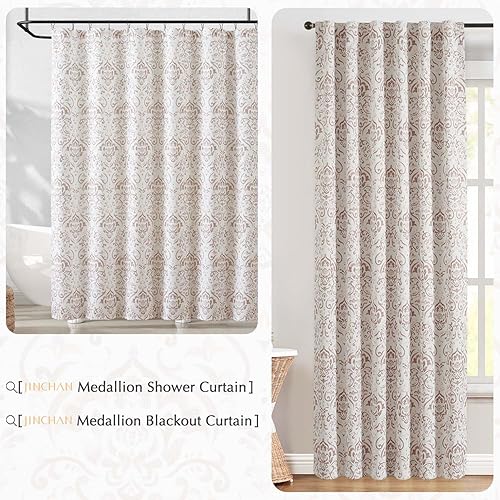 Miniatura 9 de jinchan Cortina de ducha de tela impermeable con estampado floral gris pardo, diseño de damasco con medallones y damasco, para baño, diseño retro