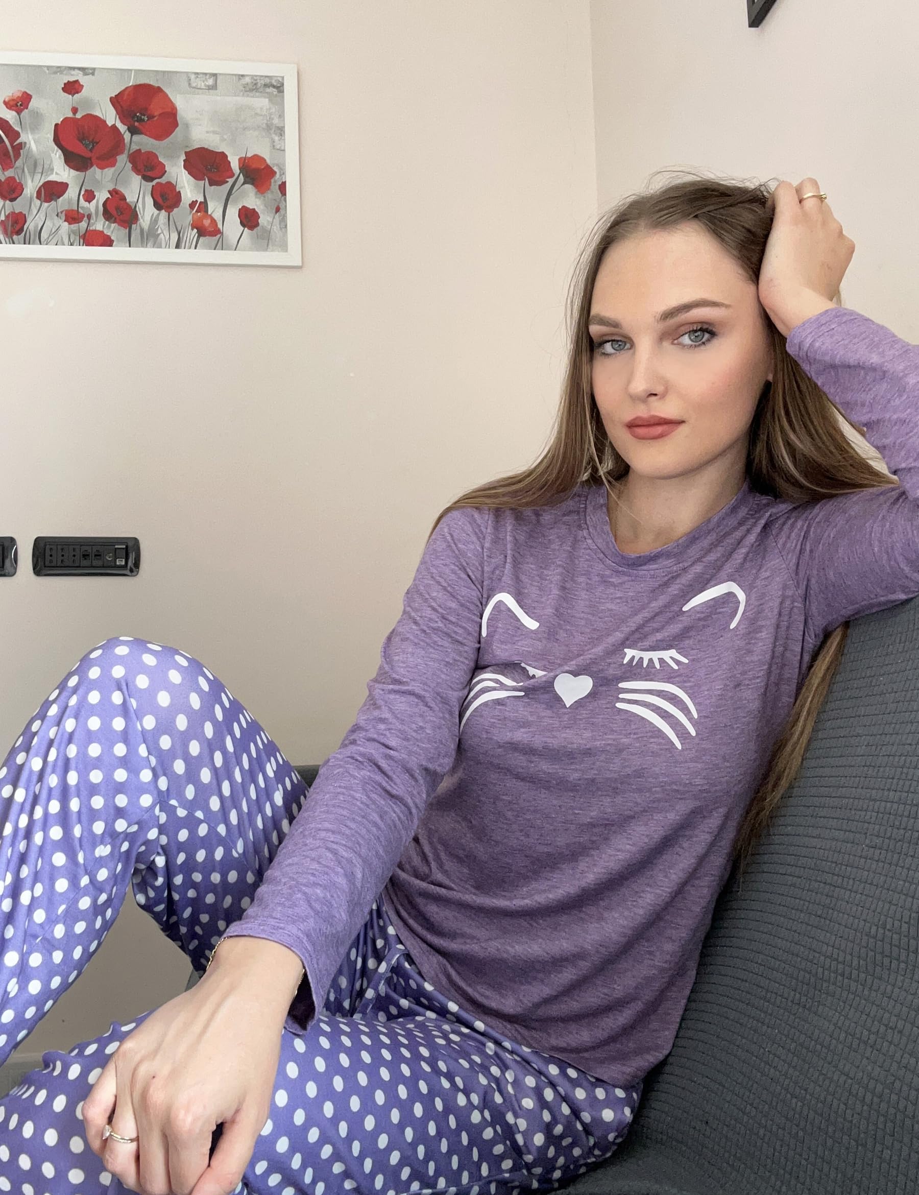 Uniexcosm Pigiama per Donna Pigiama Donna Cotone Lungo Leggero Gatto Girocollo Maniche Lunghe Pigiama Due Pezzi Donna a Tasche Laterali
