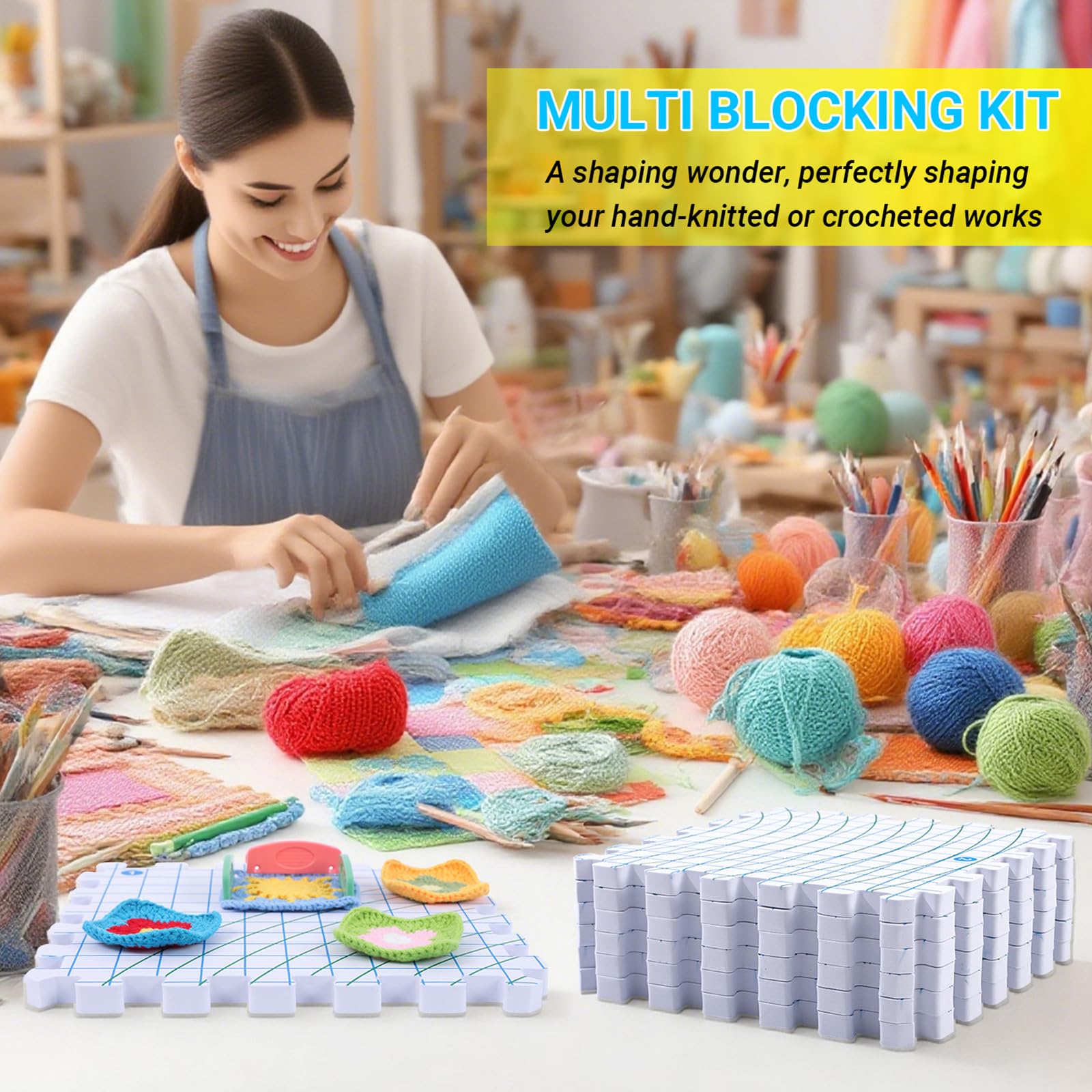 Zephviora Juego de 9 Alfombra de Bloqueo para Ganchillo, Esteras Tensoras con Rejilla, con Knit Blockers Box, Porta Agujas y 180 Agujas Moldeadoras, para Ganchillo, Encaje, Bordado con Aguja