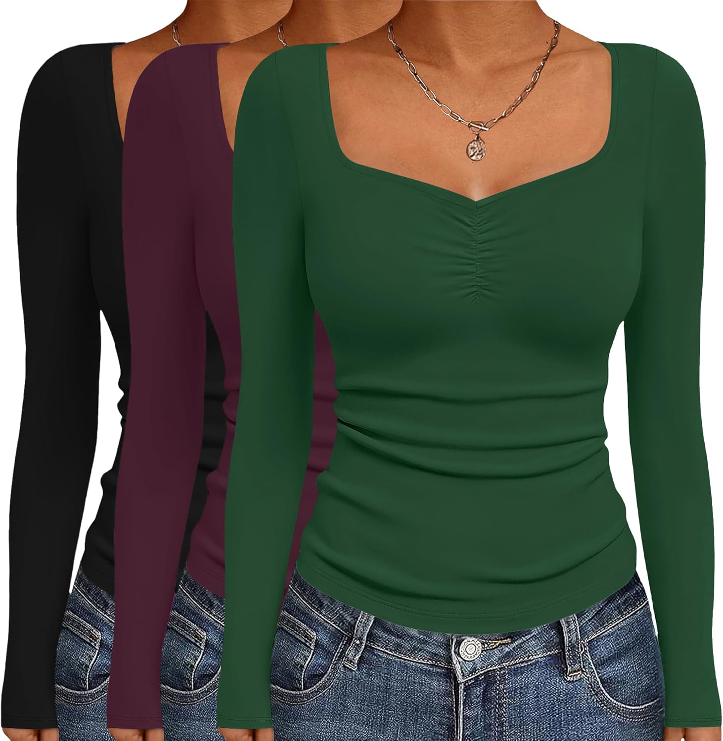 Ekouaer 3 Packs Womens Long Sleeve Tops Sweetheart Neck Fitted Shirts Basic Layering Tee Soft Undershirts Fall Outfits