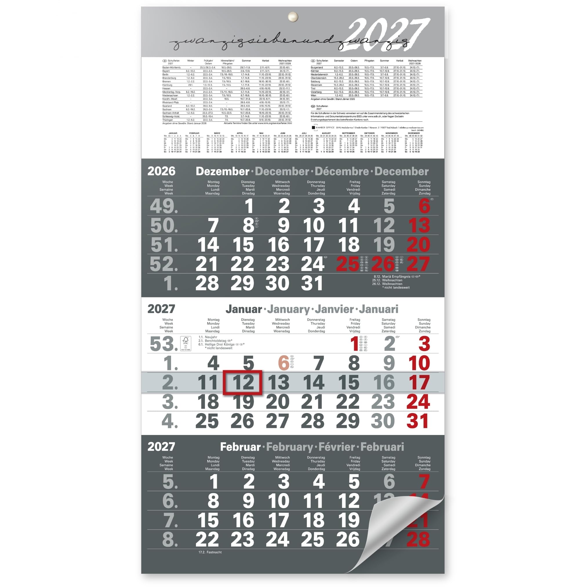 3 Month Calendar 2027 Wall Calendar with Slider - Anthracite Design, Calendar 2027, 3 Months at a Glance, Year Overview, Holidays & School Holidays DE/AT, Office Calendar 56 × 30 cm