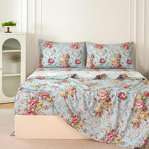 Miniatura 2 de Zusbest Juego de sábanas de tamaño Queen, sábans de cama azul y rojo floral 100% algodón, ropa de cama de lujo premium transpirable para durmientes