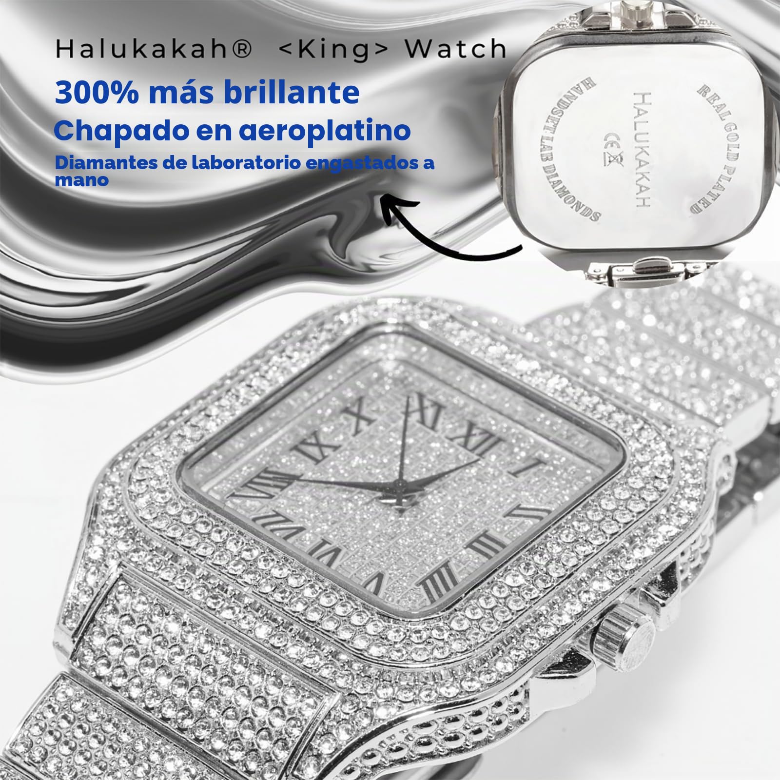 Halukakah Reloj de Diamante para Hombre ● Rey ● Chapado en Oro/Platino de 18 Quilates, Pulsera engastada con Diamantes de Laboratorio, con Pulsera de Collar Cubano, Caja de Regalo Disponible