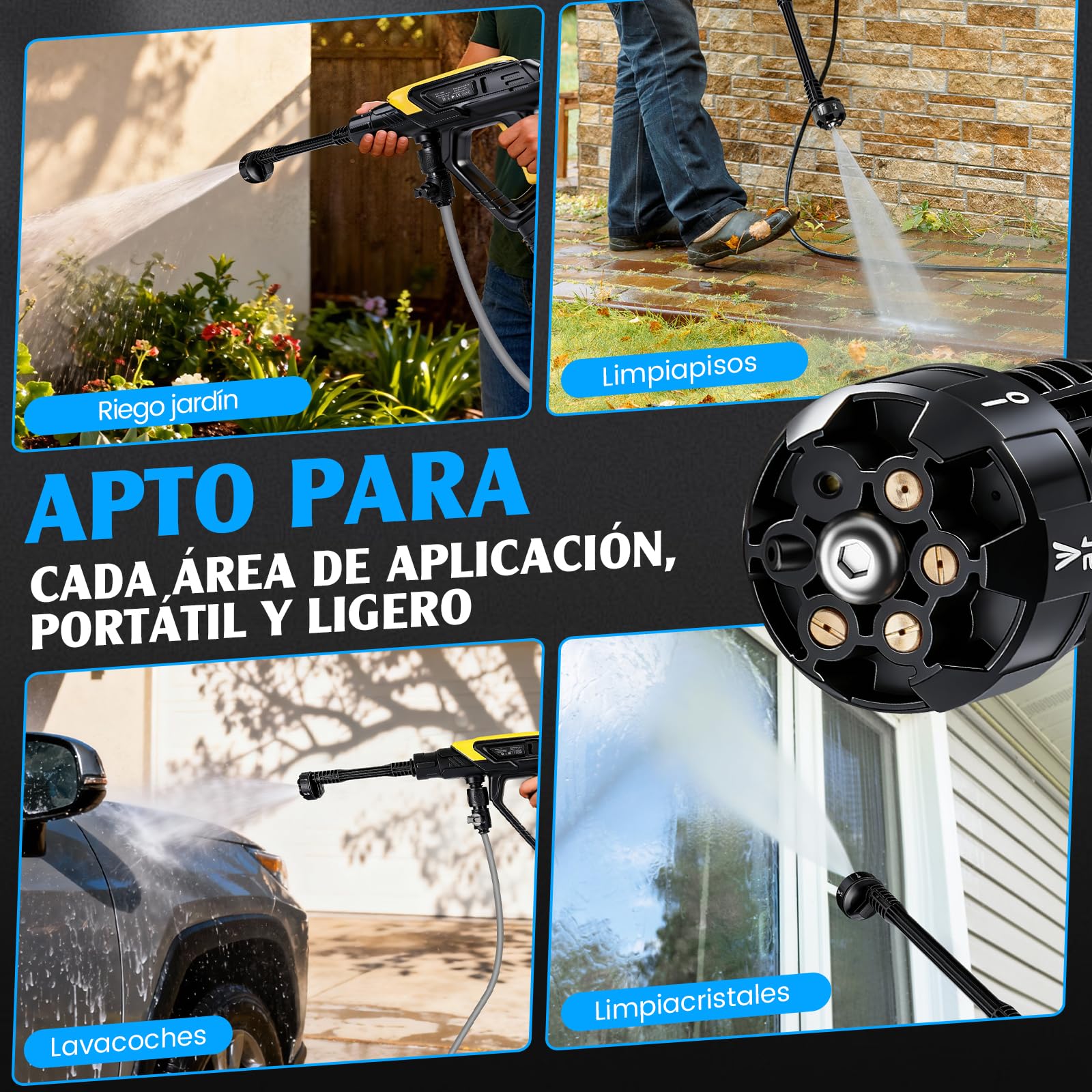 Hidrolimpiadora de Bateria, Pistola de Agua a Presión 45 Bar, Hidrolimpiadora Portatil con 2X Baterías 4000mAh, Boquilla 6 en 1, 5M Tubo, 360L/h para Limpiar Coche, Terraza, Limpieza y Riego
