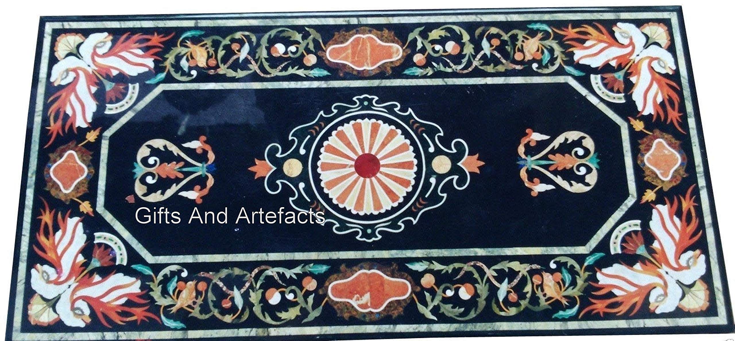 Table à Manger Ronde 36 Pouces – Marbre Noir Incrusté De Pierres Semi-précieuses – Artisanat Inde