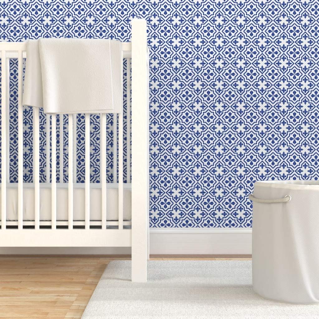 Removable Wallpaper 3ft x 2ft - Delft Fleur Blue White Geometric Pattern Cobalt Spanish Tiles Floral Squares Abstract Kitchen Decor Custom Pre-Pasted Wallpaper by Spoonflower