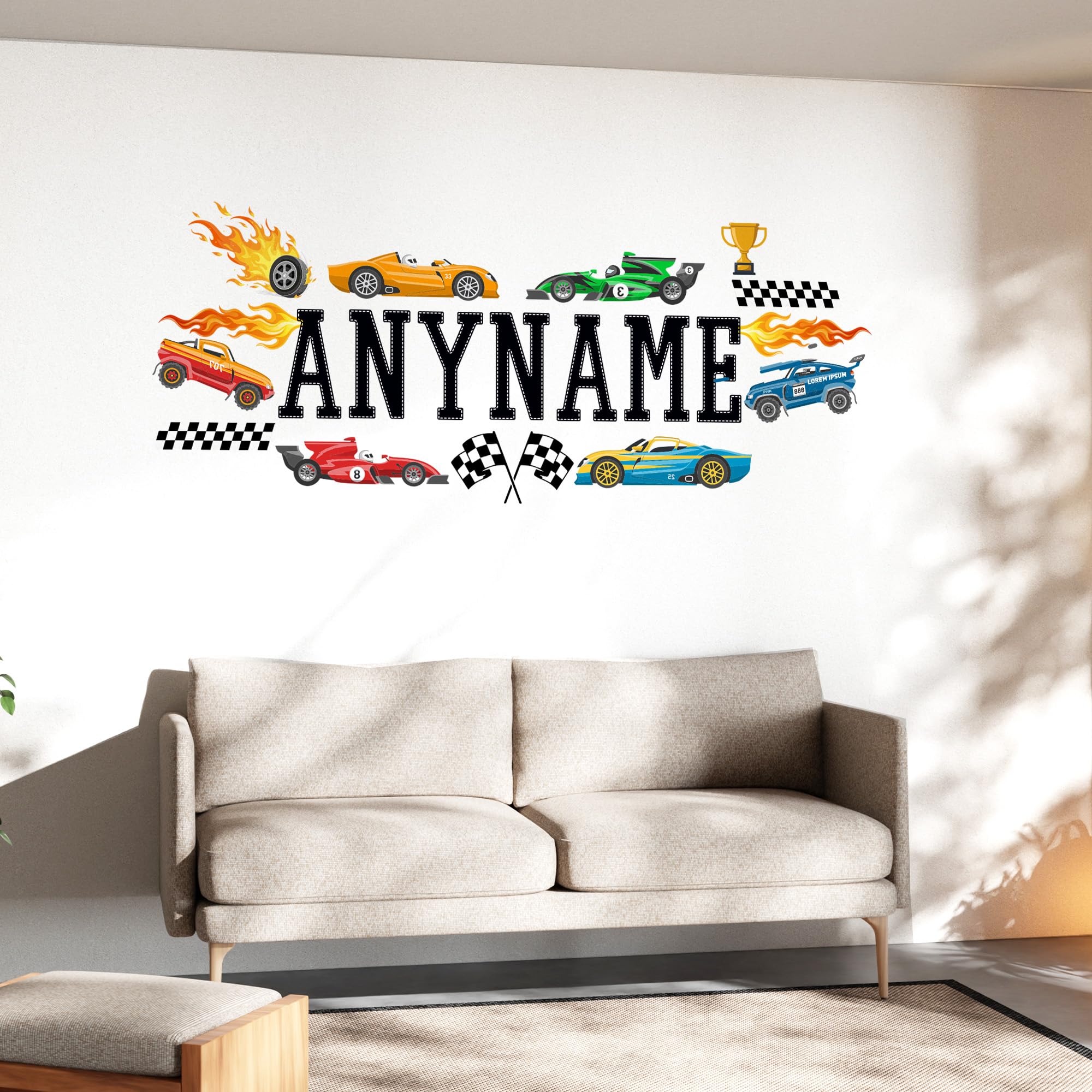 Custom Race Cars Wall Decal Personalized Name Car Boy Bedroom Decor Kids Room Walls Decals and Stickers for Nursery Baby Boy & Girl Decoration I Wall