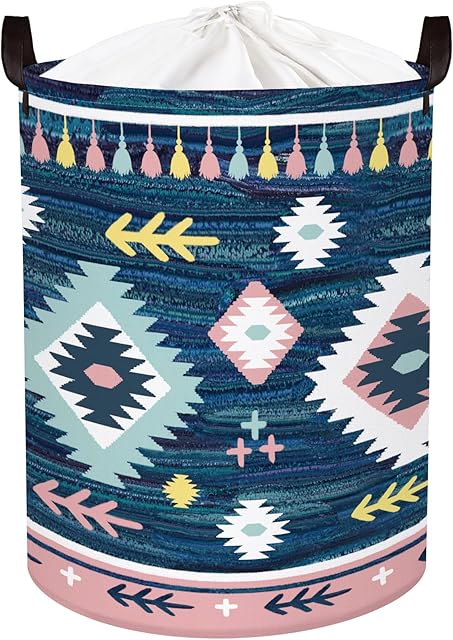 Clastyle Boho Abstract Sea Blue Laundry Hamper Geometric Round Clothes Storage Basket for Bedroom, 45L