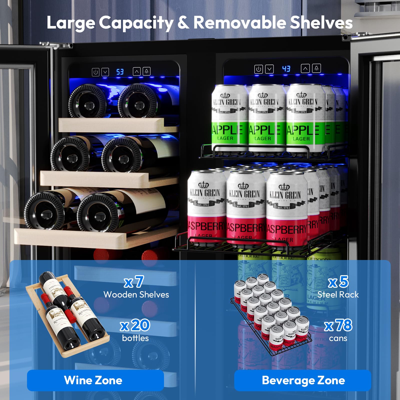 Empava 24" Dual Zone Wine and Beverage Refrigerator Cooler, Freestanding or Under Counter Fridge Chiller with LED Light, 78 Cans and 20 Bottles Capacity, Touch Control, Stainless Steel on Fridge.com