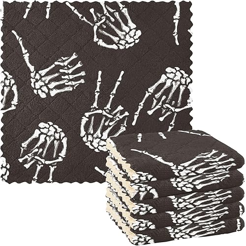 Halloween Skeleton Human Hand 6 Pack Fast Drying Kitchen Towels and Dishcloths Sets Microfiber Decor Quality Microfiber Drying Towels for