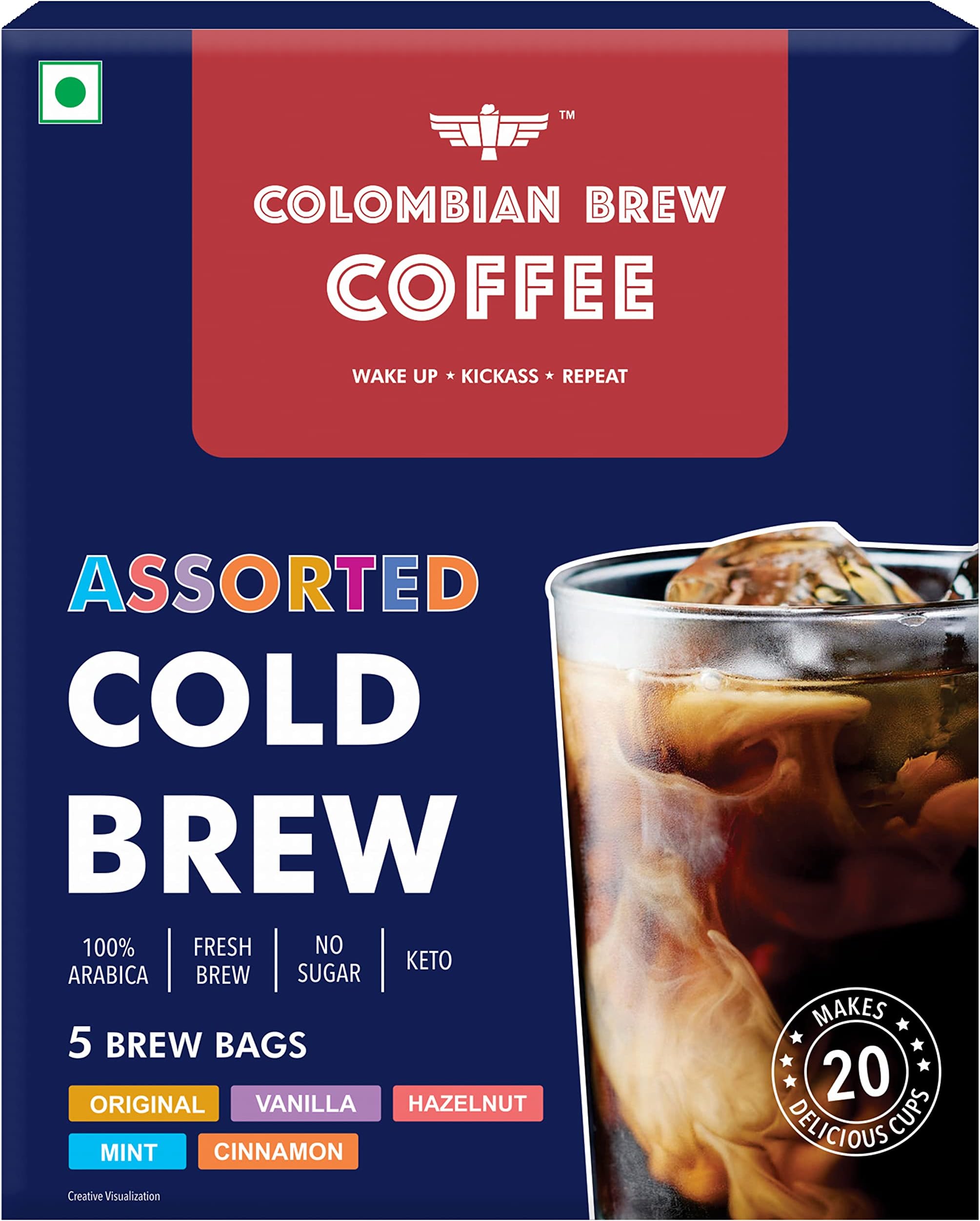 COLOMBIAN BREW COFFEE Arabica Assorted Cold Original, Vanilla, Hazelnut, Mint, Cinnamon, 5 Bags, 20 Cups