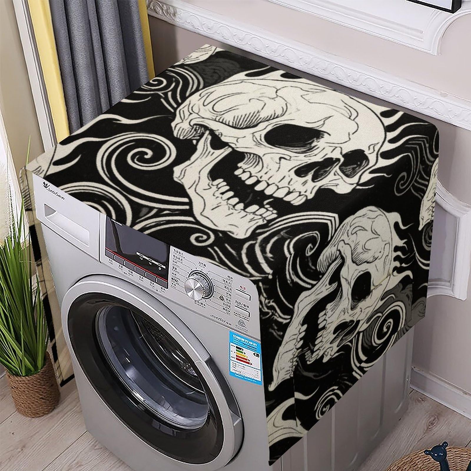 Fodpand White Washing Machine Cover For Top Load Dustproof Skull Washer And Dryer Cover With Storage Pockets Household Appliance Covers Washable Top Protector Mat Pad For Laundry & Kitchen