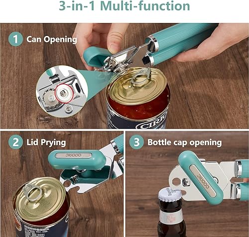 Miniatura 7 de Abrelatas manual, abrelatas de acero inoxidable, apto para alimentos, tapas de lata multifunción con mango antideslizante y perilla grande, borde
