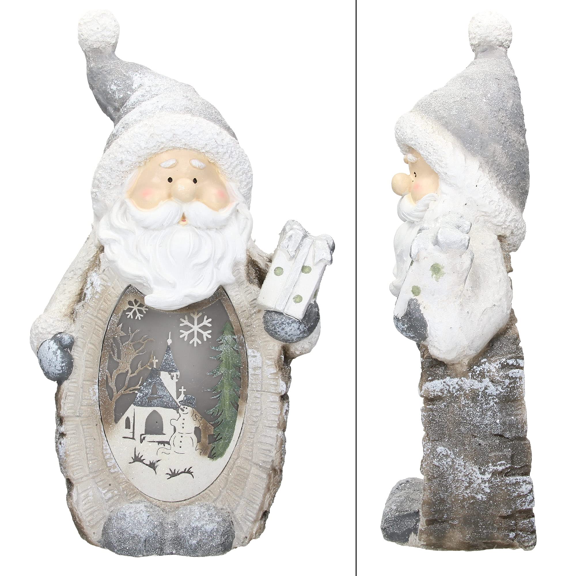 ECD Germany Weihnachtsmann Deko Figur mit LED Beleuchtung 52cm Warmweiß Weiß mit grauem Hut und Schal, Holzoptik, Batteriebetrieben, für Innen, LED-Weihnachtsdeko Weihnachtsfigur Weihnachten Tischdeko