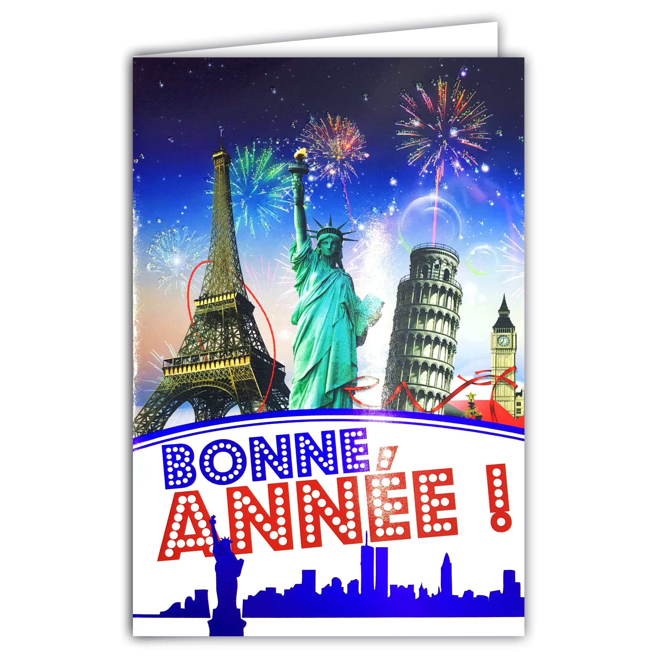 Pack of 10 Cards + 10 Envelopes - Happy Year Monuments Fireworks Glitter LOT10-61-4037-A BA, Multicolored