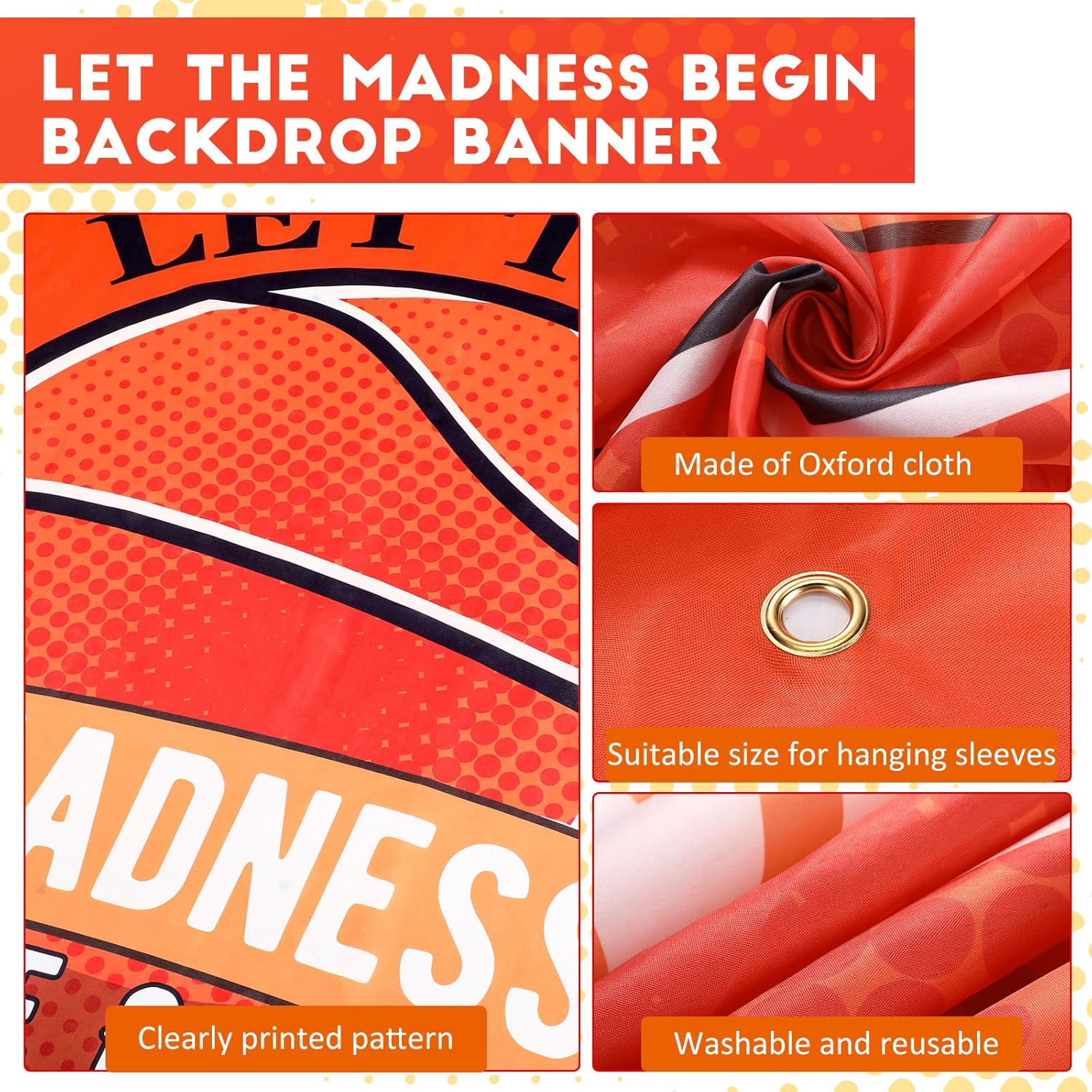 Let the Madness Begin Poster Theme Banner March Basketball Background Banner for College Basketball Party Decorations Indoor Outdoor(5.9x 3.6 ft,Orange)