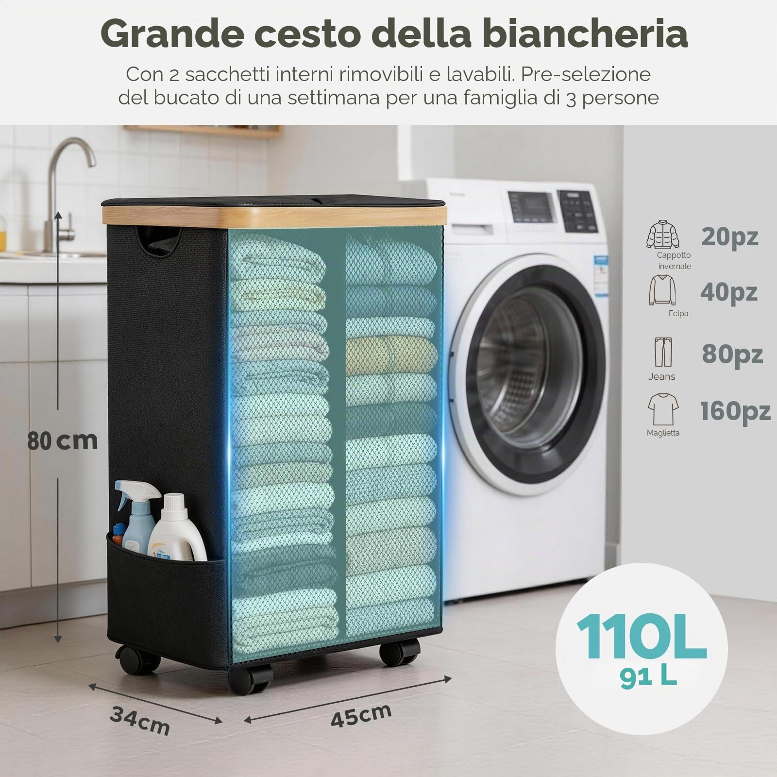 JYPS Portabiancheria Sporca 2 Scomparti, 110L Cesto Biancheria Sporca con Coperchio, Ruote Portabiancheria con Manico, Borsa Interna Rimovibile, Lavabile Cestino Biancheria per Lavanderia