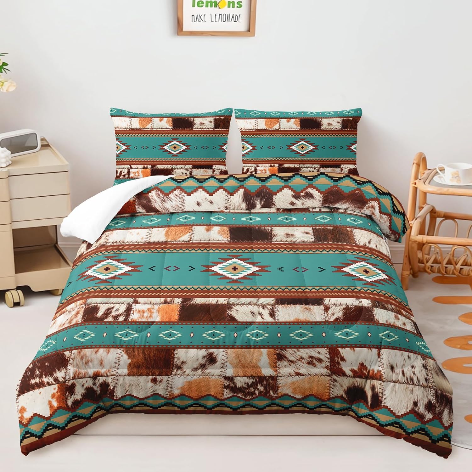 AILONEN White Brown Cow Hair Texture Comforter Set Twin Size, Geometric Ethnic Cowhide Pattern Bedding Set,Native American Tribal Cowhide Blue Theme Duvet Set 3 Pieces, 1 Quilt and 2 Pillowcase - Image 4