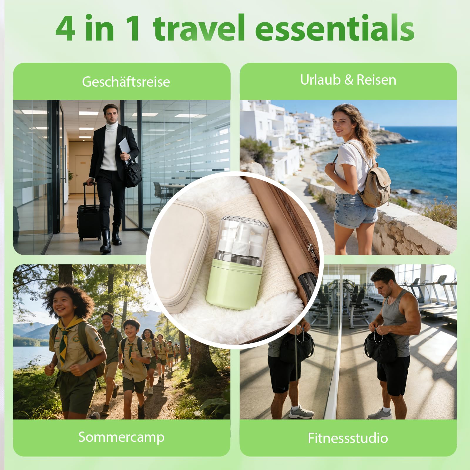 Flacon Voyage 4 en 1 Rechargeable Vert 50ml, Kit Avion Étanche Anti-Fuite avec Étiquettes, Contenant Polyvalent pour Voyage et Bureau (Vert)