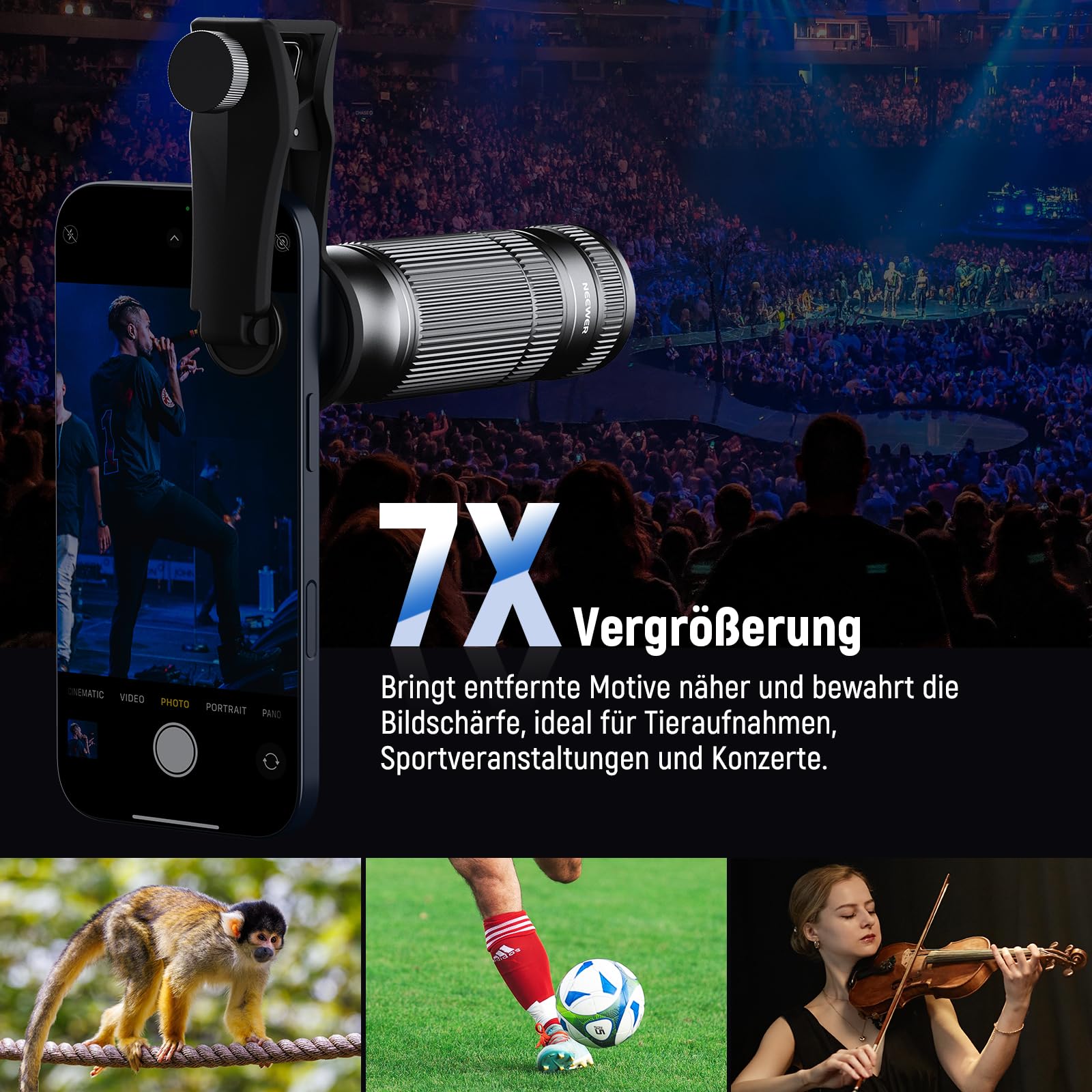 NEEWER 7X Telephoto Objektiv mit Handy Kamera Objektiv Klemme, abnehmbares 10X Makro für 17mm Gewinde Rückplatte/Telefonkäfig/Kompatibel mit iPhone Samsung, LS-36 Ultra